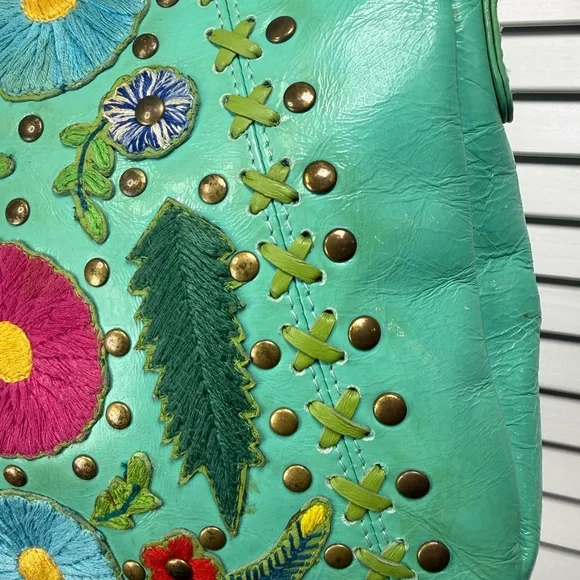 Vintage Consuela Leather Shoulder Tote Bag Teal With Colorful Flower Embroidery - Picture 2 of 16